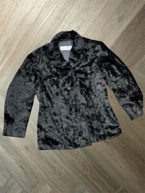 Vintage Liz Claiborne Faux Fur Jacket Womens Medium Black Velour Button‎ Up Chic